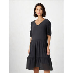 Ava James Woman's Black Dress Size Med V-Neck Short Sleeves Eyelet Detail Classy